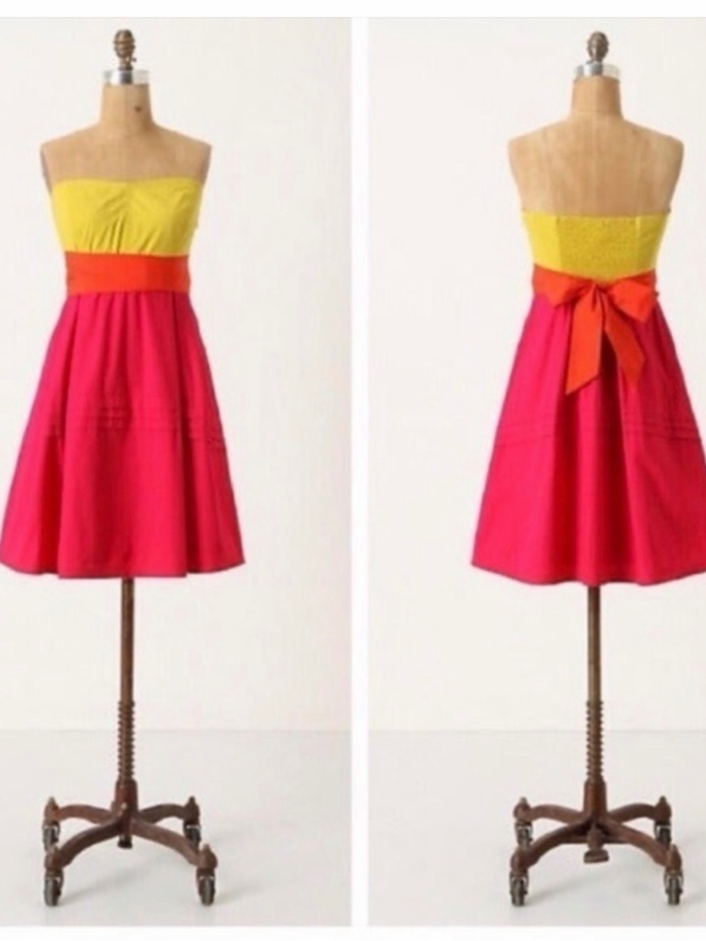 Maeve Strapless Colorblock Midi Dress in Yellow, Pink & Orange